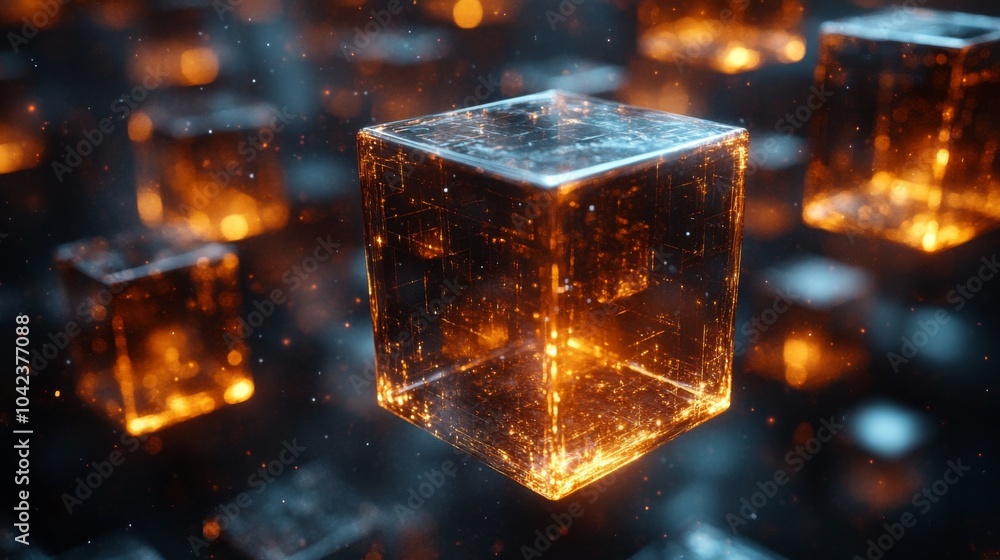 Aufkleber Translucent cubes hover and emit a warm orange glow in a dark environment, highlighting their intricate textures and creating an ethereal atmosphere filled with light.