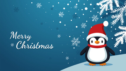 Christmas penguin in a red cap and scarf on a holiday background with beautiful snowflakes, snow and Christmas tree. Christmas vector illustration for banner, design, card, invitation, poster.