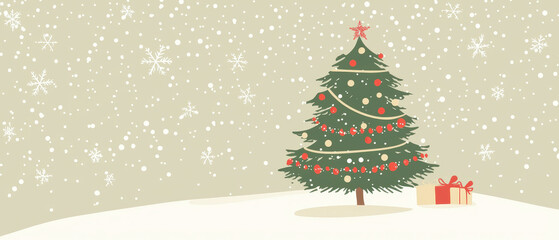 Obraz premium A festive Christmas tree adorned with ornaments and snow on the ground, surrounded by gifts, creating a cozy holiday atmosphere.