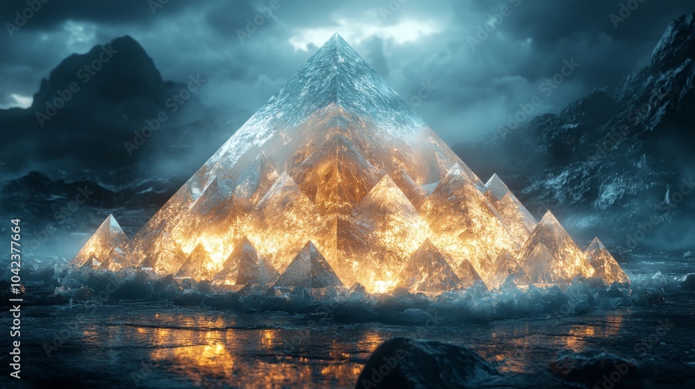 Poster A magnificent pyramid crafted from shimmering ice and flames stands against a backdrop of rugged mountains. The atmosphere is charged with an eerie, twilight glow, creating a surreal environment.