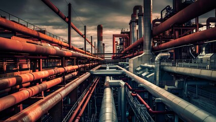 Obraz premium Dynamic industrial landscape with intricate pipeline networks and dramatic stormy sky above
