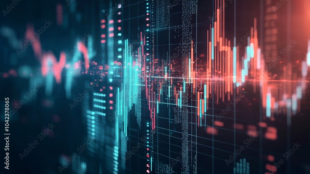 Poster Abstract financial data visualization with glowing lines and charts