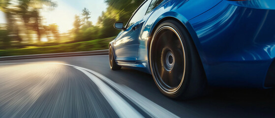Blue Business car speeding around a curve on an expressway. Generative Ai
