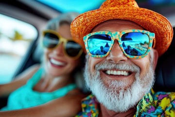 An elderly couple enjoys a sunny drive in vibrant summer attire and matching sunglasses. The scene highlights leisure, joy, and the spirit of adventure together.