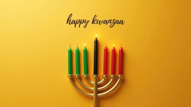 Colorful kinara with seven candles on vibrant yellow background celebrating kwanzaa tradition