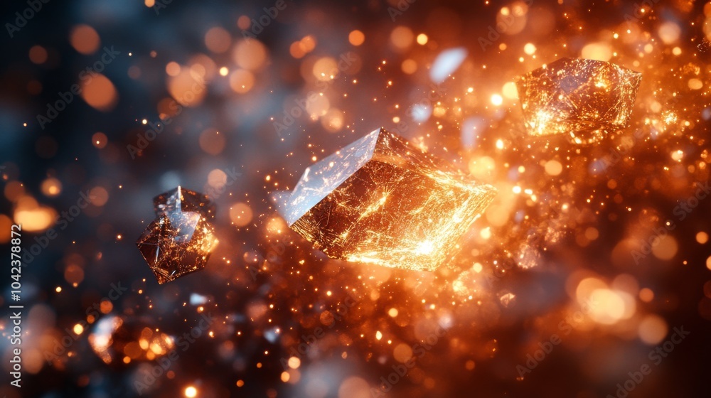 Poster An array of luminous crystal-like structures floats amidst a dazzling display of sparkling particles, creating a mystical atmosphere. The vibrant colors and light effects evoke a sense of wonder.