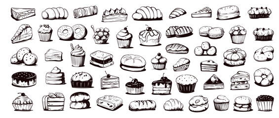 Doodle dessert bakery set. Hand drawn sweet food cakes eclairs cupcakes donuts pastry vector illustration