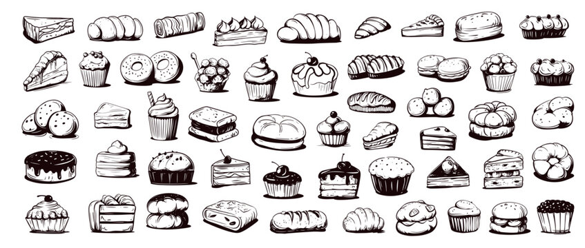 Doodle dessert bakery set. Hand drawn sweet food cakes eclairs cupcakes donuts pastry vector illustration