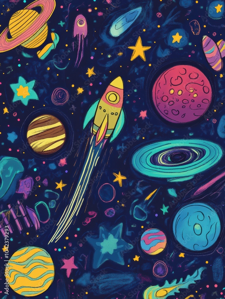 Poster explore a whimsical universe filled with colorful planets, sparkling stars, rockets soaring, and pla