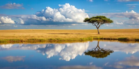 Reflection of tree and clouds in Masai Mara National Reserve