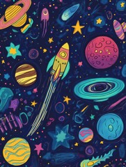 Naklejka premium Explore a whimsical universe filled with colorful planets, sparkling stars, rockets soaring, and playful asteroids. Generative AI