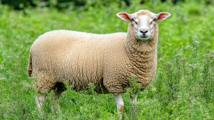 Obraz premium Meadow Moments:Serene Sheep. Concept of tranquility, nature, pastoral life, innocence, flock unity.