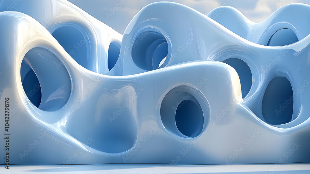 Wall mural Abstract blue structure with smooth curves and openings.