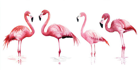 Obraz premium A watercolor illustration featuring five flamingos in varying poses, from wading to resting. Their elegant pink feathers and delicate form contrast beautifully against the clean, white background,