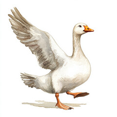 A cheerful goose running with its wings slightly raised, showcasing its playful nature. Hand-painted in watercolor, this illustration is perfect for animal-themed art, isolated on a white background.