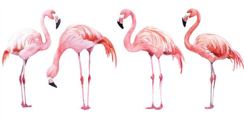 Obraz premium A set of five elegant pink flamingos standing in various poses, hand-painted in delicate watercolor strokes. The soft shades of pink and coral blend beautifully against the isolated white background,