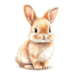 Obraz premium A soft watercolor illustration of a cute baby bunny, sitting with its fluffy ears perked up, hand-drawn with delicate details. The isolated white background makes this rabbit perfect for baby cards or