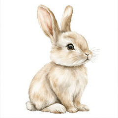 Obraz premium A soft watercolor illustration of a cute baby bunny, sitting with its fluffy ears perked up, hand-drawn with delicate details. The isolated white background makes this rabbit perfect for baby cards or