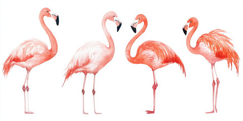 Fototapeta premium A set of five elegant pink flamingos standing in various poses, hand-painted in delicate watercolor strokes. The soft shades of pink and coral blend beautifully against the isolated white background,