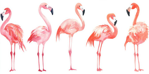 Obraz premium A set of five elegant pink flamingos standing in various poses, hand-painted in delicate watercolor strokes. The soft shades of pink and coral blend beautifully against the isolated white background,