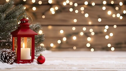 A festive red lantern with candles and snow-covered pine cones adorns a rustic wooden surface, inviting warmth and holiday cheer