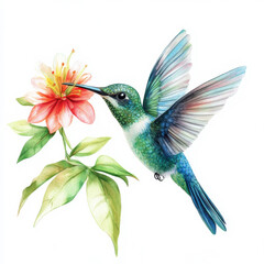 Fototapeta premium A vibrant hummingbird with iridescent blue and green feathers, captured in mid-flight, sipping nectar from a flower. Hand-painted in watercolor and isolated on a white background for a stunning