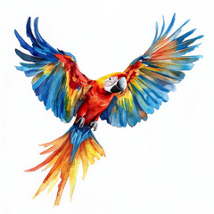 Obraz premium A vibrant macaw in flight, showcasing its colorful feathers and dynamic pose. This watercolor illustration captures the essence of tropical wildlife, set against a white background.
