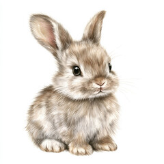 Obraz premium A gentle baby bunny, sitting quietly with fluffy fur, beautifully hand-drawn in watercolor. Isolated on a white background, this cute rabbit is perfect for baby shower invitations or decorative