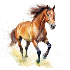 Obraz premium A majestic horse galloping freely, its mane flowing in the wind. Hand-painted in watercolor, this illustration is isolated on a white background, perfect for showcasing the beauty of wildlife.