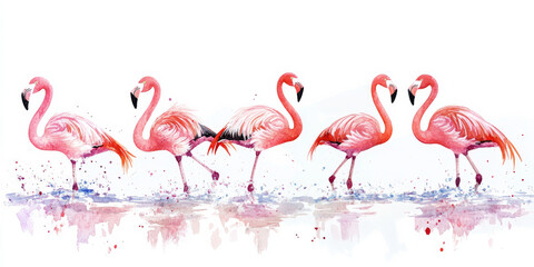 Naklejka premium A watercolor illustration featuring five flamingos in varying poses, from wading to resting. Their elegant pink feathers and delicate form contrast beautifully against the clean, white background,