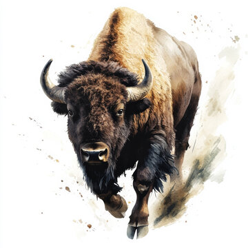 A majestic bison charging forward, its powerful build and shaggy coat hand-painted in watercolor. Isolated on a white background, this illustration emphasizes the strength of this iconic animal.