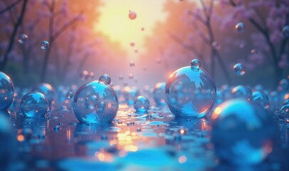 Captivating bubbles float on a serene water surface under a dreamy sunset, surrounded by delicate blossoms, evoking tranquility and beauty.