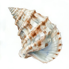 A soft watercolor depiction of a seashell in natural tones of cream, brown, and light blue. The shell is beautifully hand-painted, set against an isolated white background, ideal for print designs,