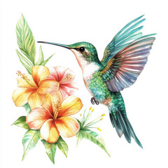 Hand-painted hummingbird with elegant teal and emerald feathers, flying beside tropical flowers. Watercolor illustration on a white background, highlighting the beauty of the bird's delicate wings.