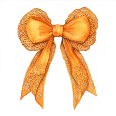 A stunning watercolor illustration of an orange lace bow, tied intricately with delicate detailing. The hand-drawn design is isolated on a white background, ideal for elegant and sophisticated