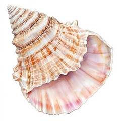 Fototapeta premium A detailed watercolor illustration of a seashell with soft pastel hues of pink, beige, and white. The hand-painted shell sits elegantly on an isolated white background, perfect for creating