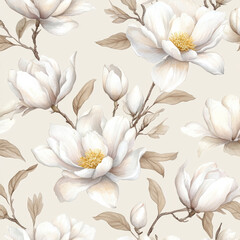 A stunning seamless pattern featuring hand-drawn white magnolia flowers in full bloom, beautifully illustrated in watercolor. The delicate floral designs are set against a soft, pale background,
