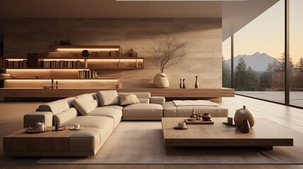 Fototapeta premium Modern minimalist living room design template with clean lines and cozy decor, perfect for a peaceful space.
