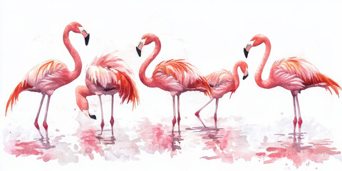 Obraz premium A watercolor illustration featuring five flamingos in varying poses, from wading to resting. Their elegant pink feathers and delicate form contrast beautifully against the clean, white background,