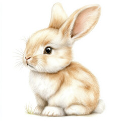 Obraz premium A gentle baby bunny, sitting quietly with fluffy fur, beautifully hand-drawn in watercolor. Isolated on a white background, this cute rabbit is perfect for baby shower invitations or decorative