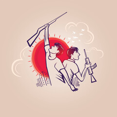 Bangladesh freedom 16 December, 26 March, freedom fighter raise hands and flag.