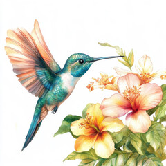 Fototapeta premium Hand-painted hummingbird with elegant teal and emerald feathers, flying beside tropical flowers. Watercolor illustration on a white background, highlighting the beauty of the bird's delicate wings.