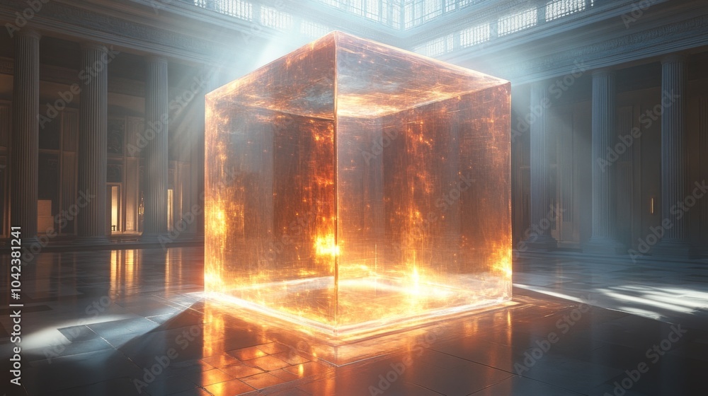 Aufkleber A striking cube made of glowing light and energy is positioned in the center of a vast hall with towering columns. Sunlight filters through, enhancing its fiery glow.