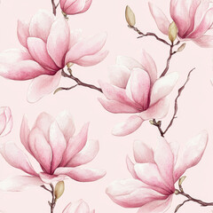 An elegant seamless pattern of spring magnolia flowers painted in soft pink watercolor. The intricate hand-drawn flowers are beautifully complemented by a light pink background, making this design