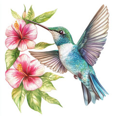 Hand-painted hummingbird with elegant teal and emerald feathers, flying beside tropical flowers. Watercolor illustration on a white background, highlighting the beauty of the bird's delicate wings.