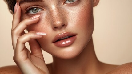 Fototapeta premium Close-up portrait of a young woman with freckles and natural makeup. Her hand is resting on her cheek, and her eyes are looking directly at the camera.