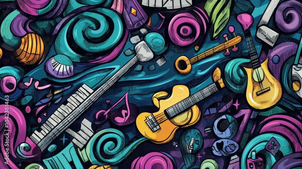 Leinwandbilder a vibrant collection of music-themed doodles showcases instruments, notes, and dynamic sound waves i