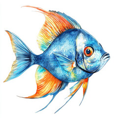 Fototapeta premium A watercolor illustration of a colorful tropical blue fish with bright accents of turquoise and orange. The fish is elegantly painted with fine details and set on an isolated white background, ideal
