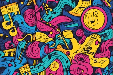A vibrant display of doodles showcases musical instruments, notes, headphones, and sound waves, bringing a lively artistic touch to the scene. Generative AI