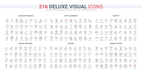 Smart devices, job safety tools and documents, automotive repair service, travel line icon set. City landmark location and infrastructure thin black and red outline symbols vector illustration